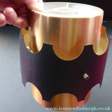 Load image into Gallery viewer, 1960s Metal Hanging or Pendant Lamp Shade. Smaller Copperised Drum Shape with Black Abstract Metal Outer Ring
