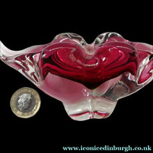 Load image into Gallery viewer, HOSPODKA Chribska. Fine MINIATURE 1960s Pink and Clear Cased Glass Bowl with Wing Details
