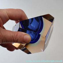 Load image into Gallery viewer, 1960s MURANO Glass Bowl. Vintage Sommerso Geode Blue and Clear Glass Chunky Bowl

