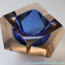 Load image into Gallery viewer, 1960s MURANO Glass Bowl. Vintage Sommerso Geode Blue and Clear Glass Chunky Bowl
