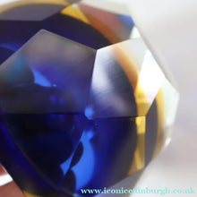 Load image into Gallery viewer, 1960s MURANO Shallow Round Glass Bowl. Vintage Sommerso Geode Blue, Yellow and Clear Bowl
