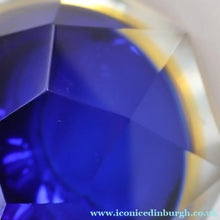 Load image into Gallery viewer, 1960s MURANO Shallow Round Glass Bowl. Vintage Sommerso Geode Blue, Yellow and Clear Bowl
