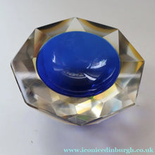 Load image into Gallery viewer, 1960s MURANO Shallow Round Glass Bowl. Vintage Sommerso Geode Blue, Yellow and Clear Bowl
