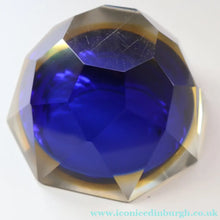 Load image into Gallery viewer, 1960s MURANO Shallow Round Glass Bowl. Vintage Sommerso Geode Blue, Yellow and Clear Bowl
