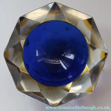 Load image into Gallery viewer, 1960s MURANO Shallow Round Glass Bowl. Vintage Sommerso Geode Blue, Yellow and Clear Bowl
