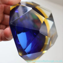 Load image into Gallery viewer, 1960s MURANO Shallow Round Glass Bowl. Vintage Sommerso Geode Blue, Yellow and Clear Bowl

