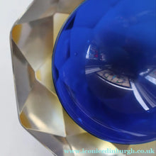 Load image into Gallery viewer, 1960s MURANO Shallow Round Glass Bowl. Vintage Sommerso Geode Blue, Yellow and Clear Bowl
