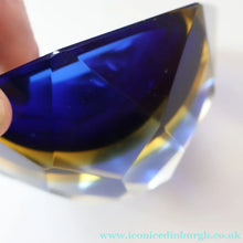 Load image into Gallery viewer, 1960s MURANO Shallow Round Glass Bowl. Vintage Sommerso Geode Blue, Yellow and Clear Bowl
