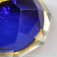 Load image into Gallery viewer, 1960s MURANO Shallow Round Glass Bowl. Vintage Sommerso Geode Blue, Yellow and Clear Bowl
