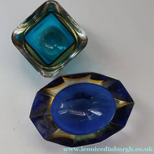 Load image into Gallery viewer, 1960s MURANO Little Square Glass Bowl. Vintage Sommerso Geode Blue Interior Cased in Clear

