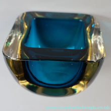 Load image into Gallery viewer, 1960s MURANO Little Square Glass Bowl. Vintage Sommerso Geode Blue Interior Cased in Clear
