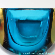 Load image into Gallery viewer, 1960s MURANO Little Square Glass Bowl. Vintage Sommerso Geode Blue Interior Cased in Clear
