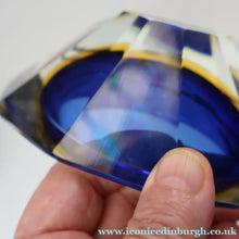 Load image into Gallery viewer, 1960s MURANO Oval Glass Bowl. Vintage Sommerso Geode Blue, Yellow and Clear Bowl
