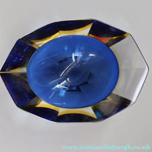 Load image into Gallery viewer, 1960s MURANO Oval Glass Bowl. Vintage Sommerso Geode Blue, Yellow and Clear Bowl
