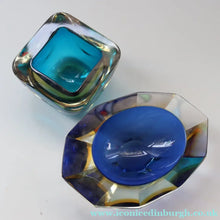Load image into Gallery viewer, 1960s MURANO Oval Glass Bowl. Vintage Sommerso Geode Blue, Yellow and Clear Bowl
