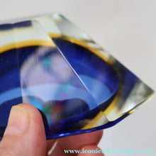 Load image into Gallery viewer, 1960s MURANO Oval Glass Bowl. Vintage Sommerso Geode Blue, Yellow and Clear Bowl
