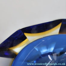 Load image into Gallery viewer, 1960s MURANO Oval Glass Bowl. Vintage Sommerso Geode Blue, Yellow and Clear Bowl
