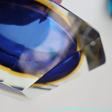 Load image into Gallery viewer, 1960s MURANO Oval Glass Bowl. Vintage Sommerso Geode Blue, Yellow and Clear Bowl
