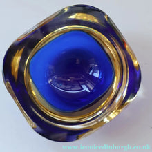 Load image into Gallery viewer, 1960s MURANO Small Square Glass Bowl. Vintage Sommerso Geode Blue Interior Cased in Yellow &amp; Clear
