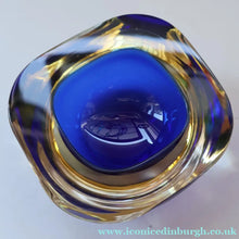 Load image into Gallery viewer, 1960s MURANO Small Square Glass Bowl. Vintage Sommerso Geode Blue Interior Cased in Yellow &amp; Clear
