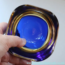 Load image into Gallery viewer, 1960s MURANO Small Square Glass Bowl. Vintage Sommerso Geode Blue Interior Cased in Yellow &amp; Clear
