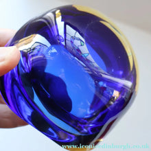 Load image into Gallery viewer, 1960s MURANO Small Square Glass Bowl. Vintage Sommerso Geode Blue Interior Cased in Yellow &amp; Clear
