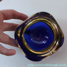 Load image into Gallery viewer, 1960s MURANO Small Square Glass Bowl. Vintage Sommerso Geode Blue Interior Cased in Yellow &amp; Clear

