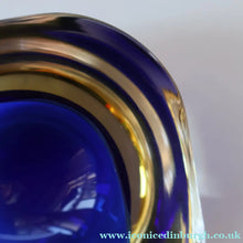 Load image into Gallery viewer, 1960s MURANO Small Square Glass Bowl. Vintage Sommerso Geode Blue Interior Cased in Yellow &amp; Clear
