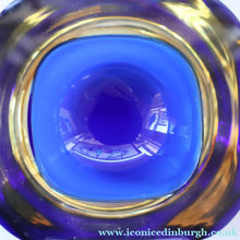 Load image into Gallery viewer, 1960s MURANO Small Square Glass Bowl. Vintage Sommerso Geode Blue Interior Cased in Yellow &amp; Clear
