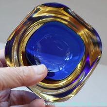 Load image into Gallery viewer, 1960s MURANO Small Square Glass Bowl. Vintage Sommerso Geode Blue Interior Cased in Yellow &amp; Clear
