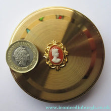 Load image into Gallery viewer, 1960s Gold Tone Margaret Rose Face Powder Compact with Mock Cameo
