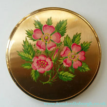 Load image into Gallery viewer, Vintage 1960s POWDER COMPACT with Pink and Rose Tipped Petals. Gold-Tone Background
