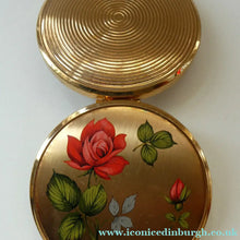 Load image into Gallery viewer, Vintage 1960s POWDER COMPACT with Red Rose and Wee Rose Bud. Gold Tone Background
