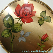 Load image into Gallery viewer, Vintage 1960s POWDER COMPACT with Red Rose and Wee Rose Bud. Gold Tone Background
