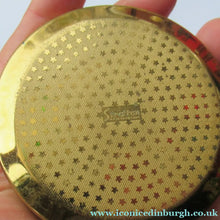 Load image into Gallery viewer, 1960s Stratton Pressed Powder Compact Blue Metallic Enamel and Gold Incised Abstract Shapes
