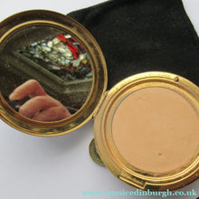 Load image into Gallery viewer, 1960s Stratton Pressed Powder Compact Blue Metallic Enamel and Gold Incised Abstract Shapes
