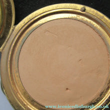Load image into Gallery viewer, 1960s Stratton Pressed Powder Compact Blue Metallic Enamel and Gold Incised Abstract Shapes
