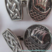 Load image into Gallery viewer, Vintage Scottish Silver Cufflinks. Signed John Hart with Viking and Celtic Patterns
