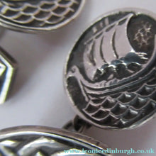 Load image into Gallery viewer, Vintage Scottish Iona Hallmarked Silver Cufflinks. Designed by John Hart with Viking Ships &amp; Celtic Knotwork Designs.
