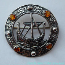 Load image into Gallery viewer, 1960s Edinburgh Hallmarked Celtic Brooch with Viking Ship. Maker's Name: H. Wright &amp; Son
