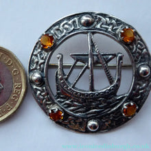 Load image into Gallery viewer, 1960s Edinburgh Hallmarked Celtic Brooch with Viking Ship. Maker's Name: H. Wright &amp; Son

