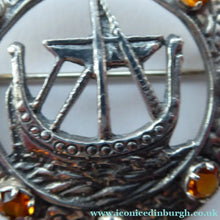 Load image into Gallery viewer, 1960s Edinburgh Hallmarked Celtic Brooch with Viking Ship. Maker's Name: H. Wright &amp; Son

