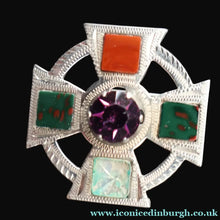 Load image into Gallery viewer, Vintage SCOTTISH SILVER Celtic Style Brooch with Central Amethyst. Edinburgh Hallmark for 1960
