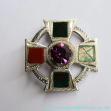 Load image into Gallery viewer, Vintage SCOTTISH SILVER Celtic Style Brooch with Central Amethyst. Edinburgh Hallmark for 1960
