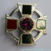 Load image into Gallery viewer, Vintage SCOTTISH SILVER Celtic Style Brooch with Central Amethyst. Edinburgh Hallmark for 1960
