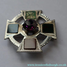 Load image into Gallery viewer, Vintage SCOTTISH SILVER Celtic Style Brooch with Central Amethyst. Edinburgh Hallmark for 1960
