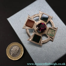 Load image into Gallery viewer, Vintage SCOTTISH SILVER Celtic Style Brooch with Central Amethyst. Edinburgh Hallmark for 1960
