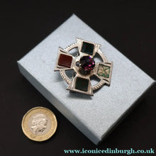 Load image into Gallery viewer, Vintage SCOTTISH SILVER Celtic Style Brooch with Central Amethyst. Edinburgh Hallmark for 1960

