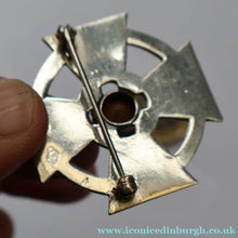 Load image into Gallery viewer, Vintage SCOTTISH SILVER Celtic Style Brooch with Central Amethyst. Edinburgh Hallmark for 1960

