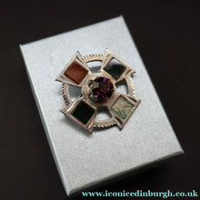 Load image into Gallery viewer, Scottish Silver Celtic Style Brooch with Central Amethyst. Edinburgh Hallmark for 1960 - Scottish Silver Brooch
